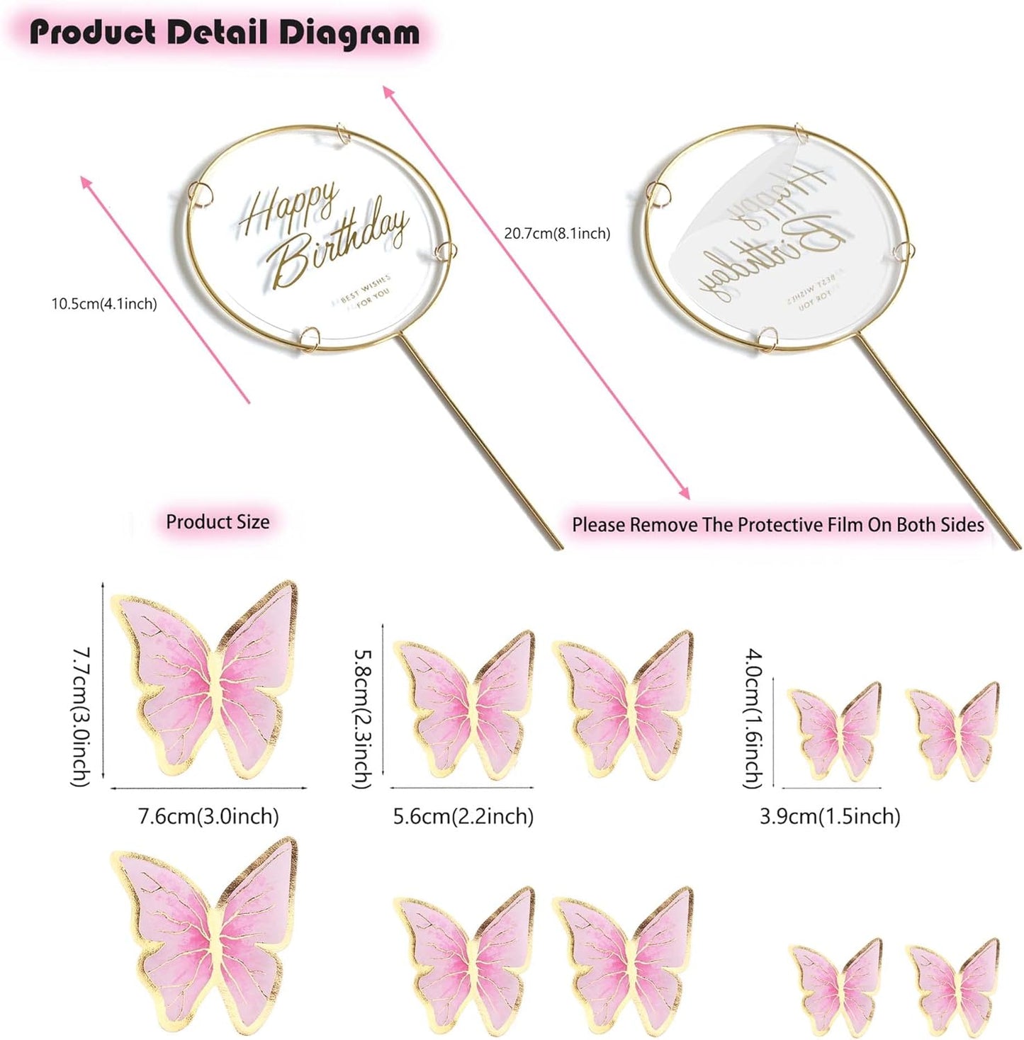 11-Piece Pink Gold Butterfly Cake Toppers Set - Happy Birthday Metal Gold Cake Topper & Decorations (LL-652)