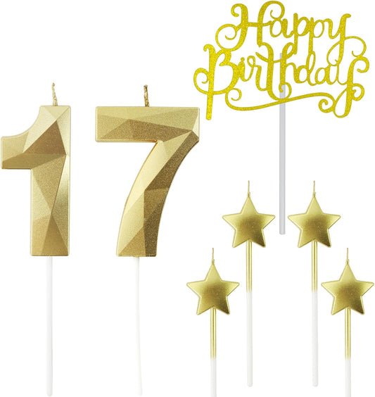 Golden Number 17 Birthday Candles and Star Birthday Candles 2.76 inch Birthday Cake Candles 3D Diamond Shaped Candles are Suitable for Birthday Parties and Anniversary Cake Decorations Candles
