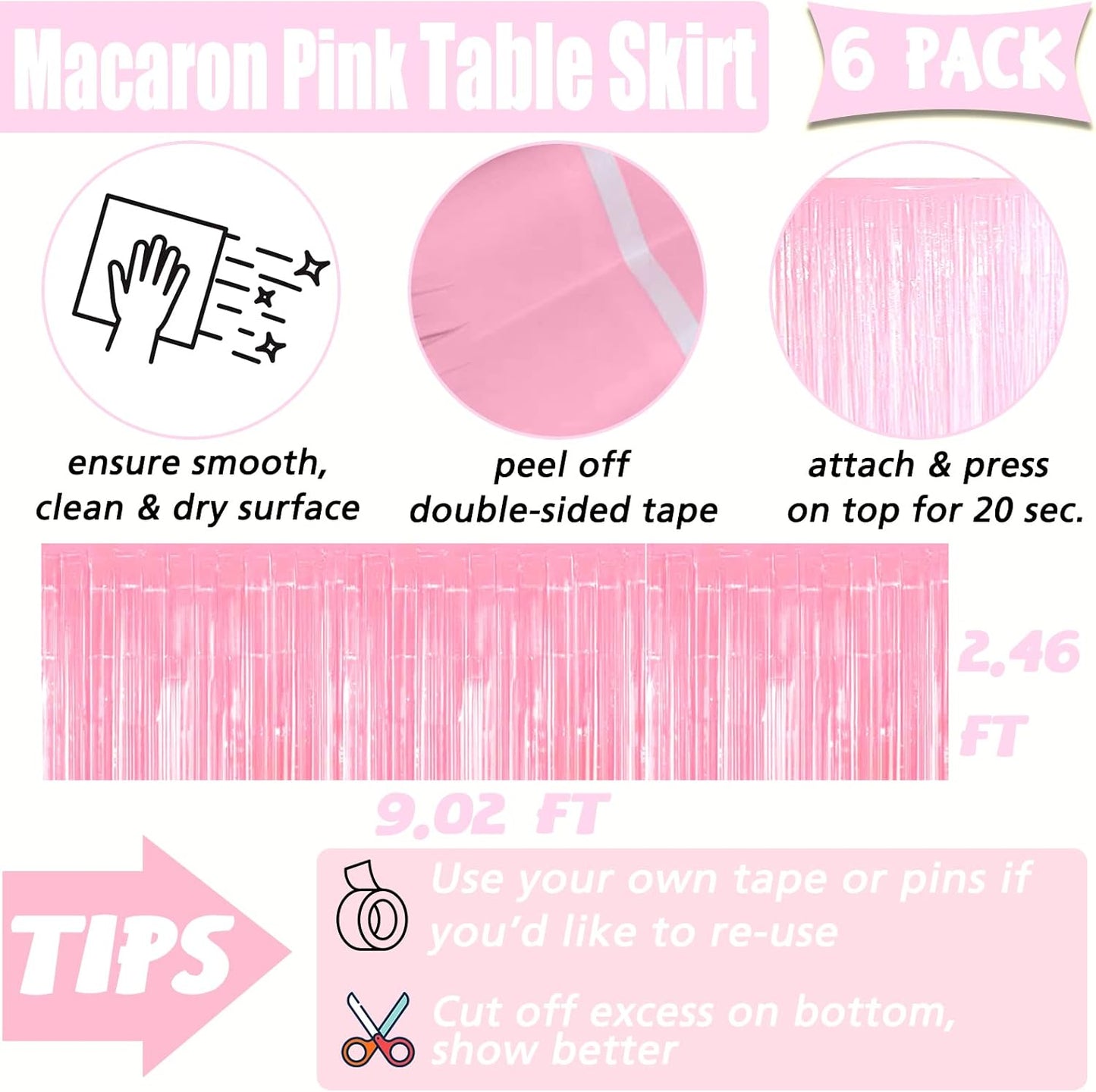 6 Pack 29x108 Inch Pink Metallic Foil Fringe Table Skirts Banner for Tinsel Streamer Garland Curtains Backdrop for Parade Floats Wedding Baby Shower Birthday Christmas Halloween Party Decoration