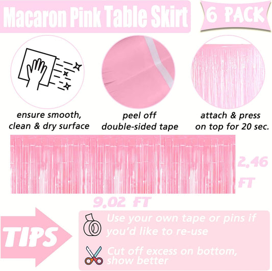 6 Pack 29x108 Inch Pink Metallic Foil Fringe Table Skirts Banner for Tinsel Streamer Garland Curtains Backdrop for Parade Floats Wedding Baby Shower Birthday Christmas Halloween Party Decoration