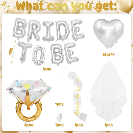Silver Bachelorette Party Decorations, Silver Bride to Be Banner Heart Balloons with Diamond Ring Foil Balloon, Gold Bride to Be Sash&Veil for Bachelorette Engagement Gift Bridal Shower Party Supplies
