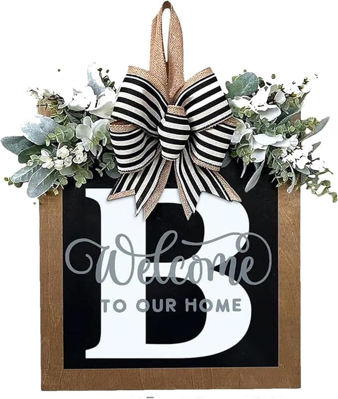 Last Name All Year Round Front Door Wreath with 26 Initial Letter Welcome Sign All Seasons Eucalyptus Garland and Bow ，Farmhouse, Porch, for Spring Summer Fall All Seasons Holiday Halloween Christmas. (B)