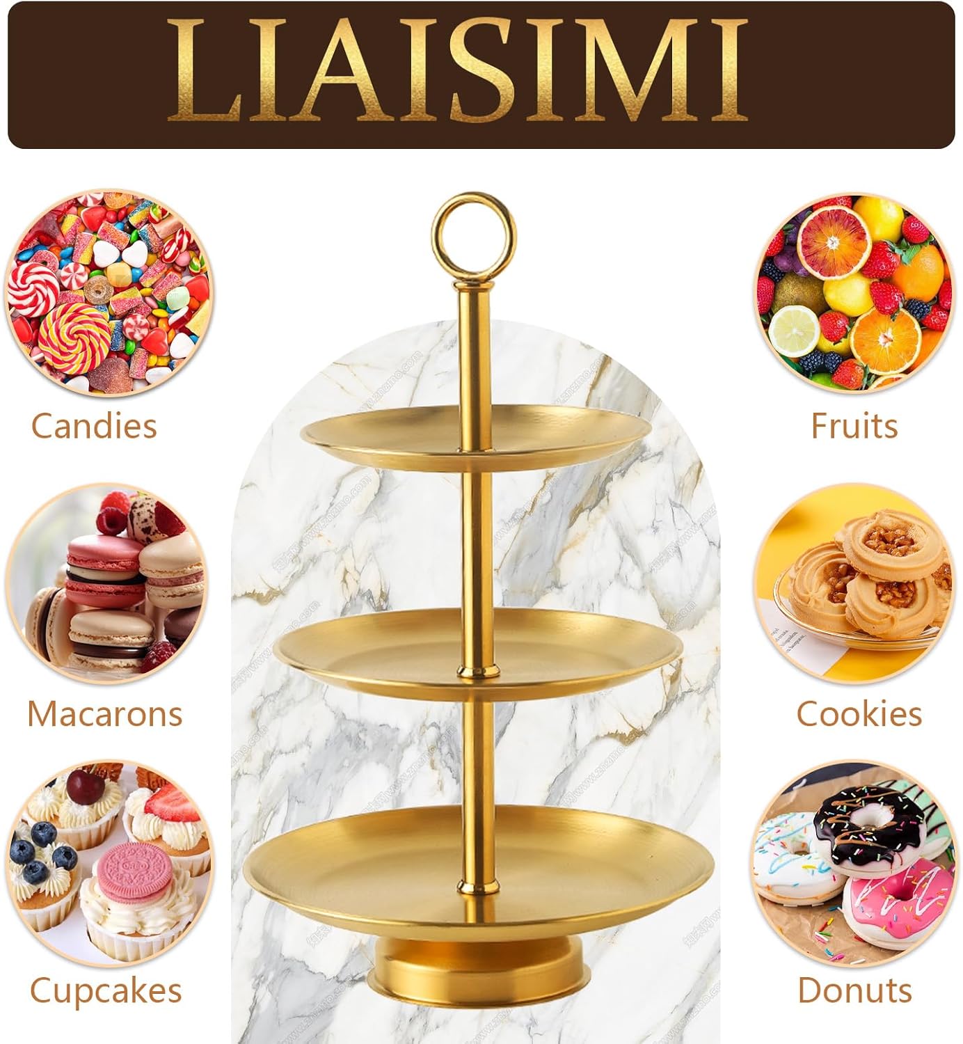 3 Tier Gold Metal Cupcake Stand Holder,Stainless Steel Cup Cake Stand Tower with Tiered Serving Tray and Base for Parties,Weddings,Birthdays and Any Festivals and Celebrations(with Base)