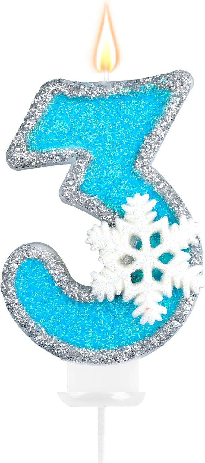 Frozen Themed Birthday Candles Party Decorations, Blue and Silver Number 3 Birthday Candle, Happy Birthday Candle for Cake, Snowflake Cake Topper Decoration for 3rd 3 Year Old Party Favor Supplies