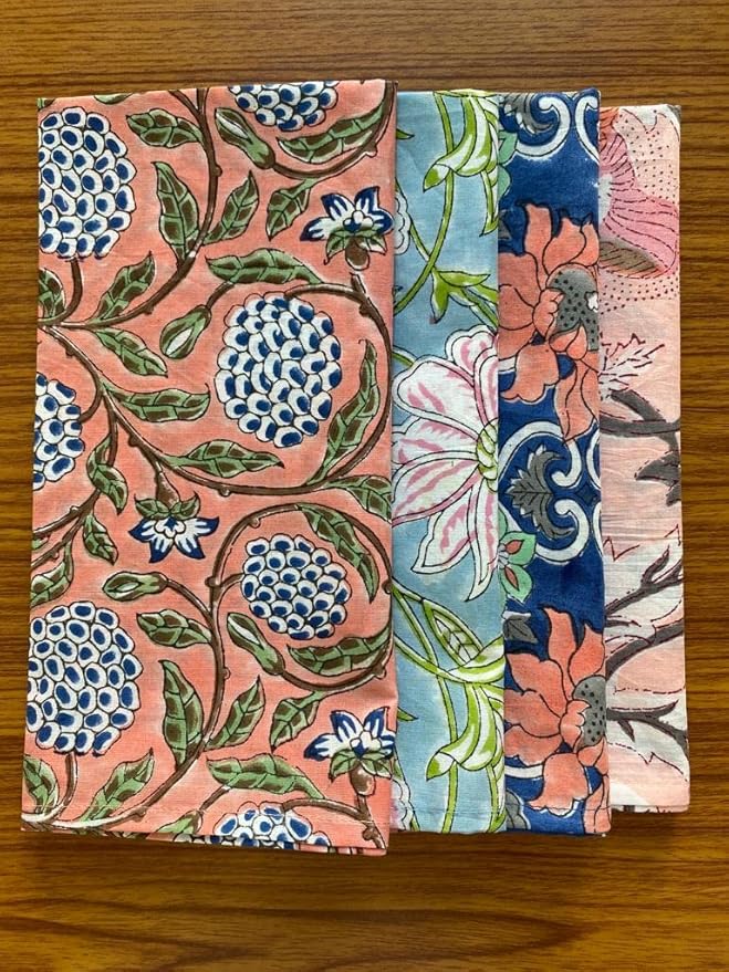 Ridhi Assorted Hand Block Print 100% Cotton Napkins 18" x 18" (Set of 4) Reuseable Kitchen Napkins Cloth Decor Dinner Party Wedding Cocktail Gift for Spring, Easter, Valentine