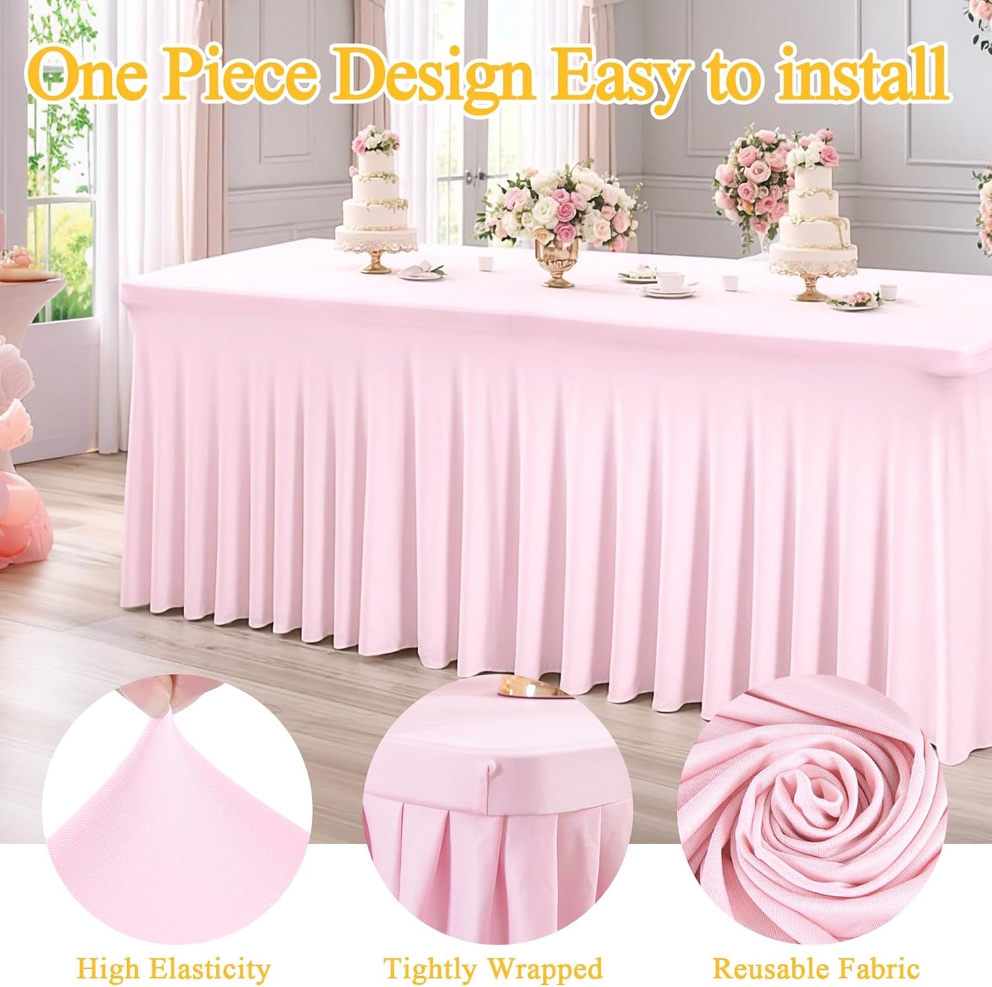 6 Packs Baby Pink Spandex Tableclothes for 8 Foot Rectangle Table, Spandex Table Covers 8FT Stretch Table Skirts Rectangle Wrinkle Free Fitted Table Cover for Event, Wedding, Banquet & Parties