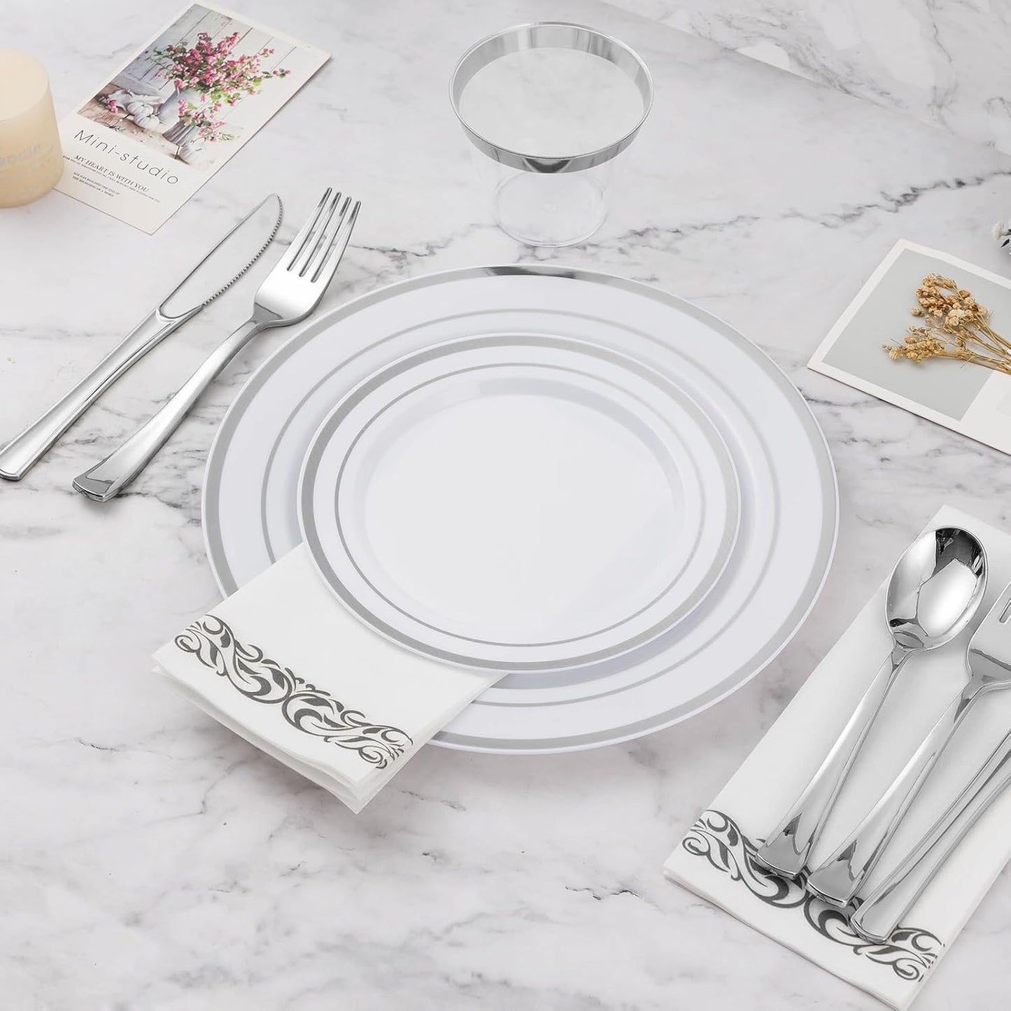 BESTVIP 700 PCS Silver Dinnerware Set for 100 Guests, Plastic Dinnerware Set for Party, Wedding, Christmas, Halloween, Include: 200 Plastic Plates, 100 Silver Silverware, 100 Cups, 100 Paper Napkins