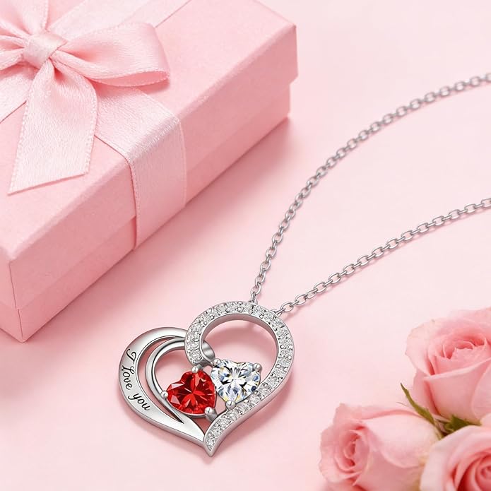 Double Birthstone Heart Necklace 0.8CT Dual-Gemstone S925 Sterling Silver Plated White Gold Engraved I Love You Perfect Anniversary/Valentine's Day Gift for Wife/Girlfriend/Mom/Daughter