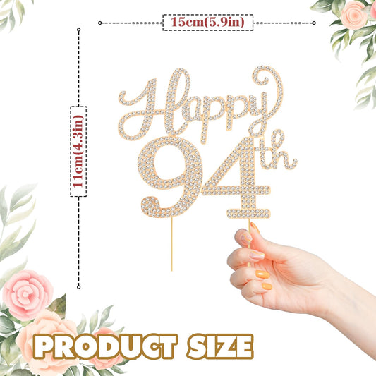 Happy 94th Birthday Decorations,94th Birthday Gold Rhinestone Cake Topper - Cheers to 94 Years Old Bday Party Metal Sparkly Cake Centerpieces Sign.