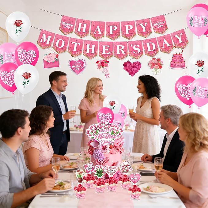 Happy Mother’s Day Party Decorations, Mom Pink Party Supplies Kit with Backdrop, Banner, Cake Topper, Cupcake Picks, Balloons & Hanging Swirls for Mother’s Day Celebration