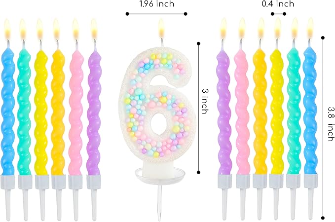PHD CAKE Number 6 Birthday Candle Macaron Glitter Number Candle with Rainbow Spiral Candles in Holders for Cake Topper, Pastel Sweet Theme Party Decoration