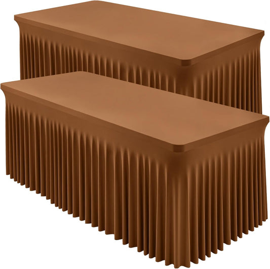 2 Packs Brown Spandex Tableclothes for 4 Foot Rectangle Table, Spandex Table Covers 4FT Stretch Table Skirts Rectangle Wrinkle Free Fitted Tablecover for Event, Wedding, Banquet & Parties