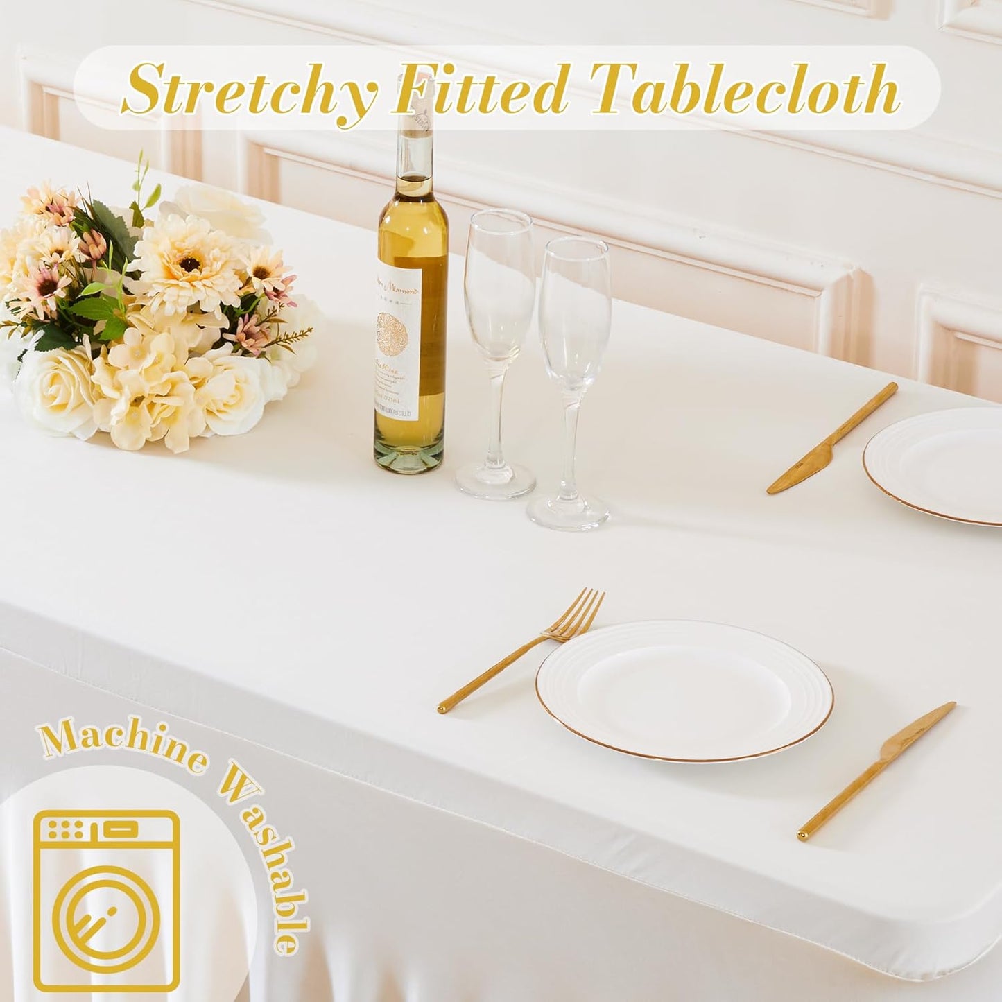 Gogoparti 6 Pack Ivory Spandex Fitted Table Cloth for 8ft Rectangle Tables - Ivory Stretch Tablecloth - Wrinkle Free, Stain Resistant