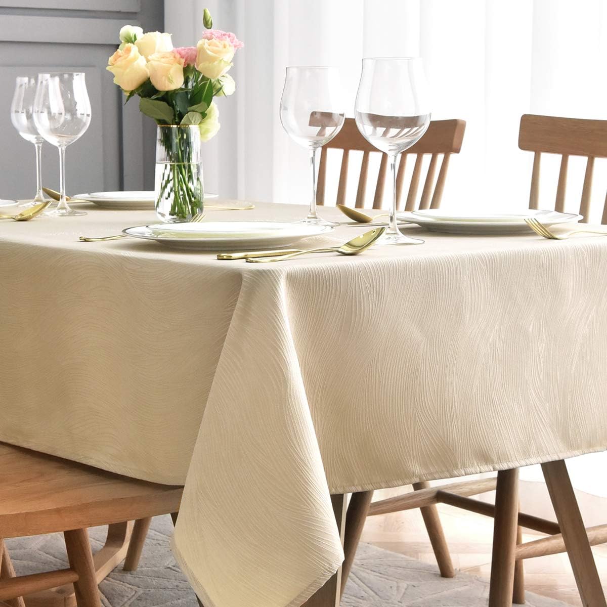 maxmill Jacquard Tablecloth Swirl Design Spillproof Wrinkle Free Heavy Weight Soft Table Cloth Decorative Fabric Table Cover for Outdoor and Indoor Use Oblong 60 x 120 Inch Beige