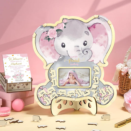 Wenqik 63 Pcs Pink Elephant Baby Shower Guest Book Alternatives Set Baby Shower Decorations with Photo Frame Sonogram Frame Keepsake 60 Wood Slices Guest Book for Birthday