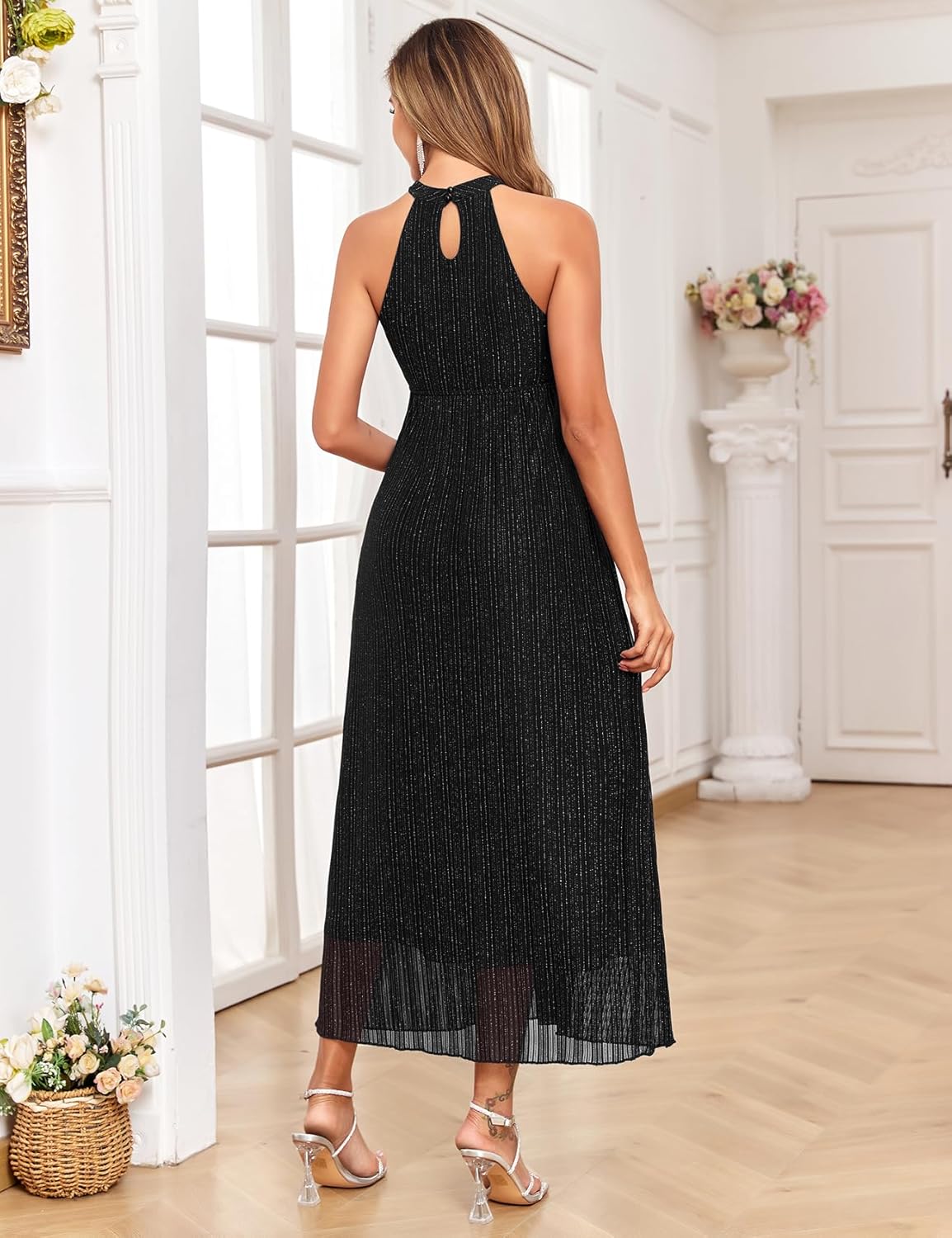 Maternity Sparkly Mesh Dress Halter Neck Sleeveless A Line Pregnancy Dresses Semi Formal Baby Shower Photoshoot