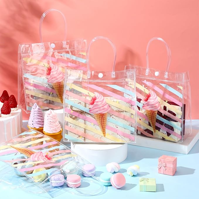 Aliceset 20 Pcs Ice Cream Party Favor Bags with Handles Clear Plastic PVC Summer Goody Bags Ice Cream Theme Birthday Party Baby Shower Supplies Sweet Candy Decorations 8x8x3.15 Inch