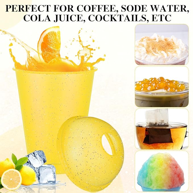 6 Set Slushie Cups with Dome Lids and Straws Detachable Spoon Straws Reusable Plastic Iced Coffee Cups Smoothie Tumbler for Birthdays Summer Party Supplies(Yellow,16 oz)