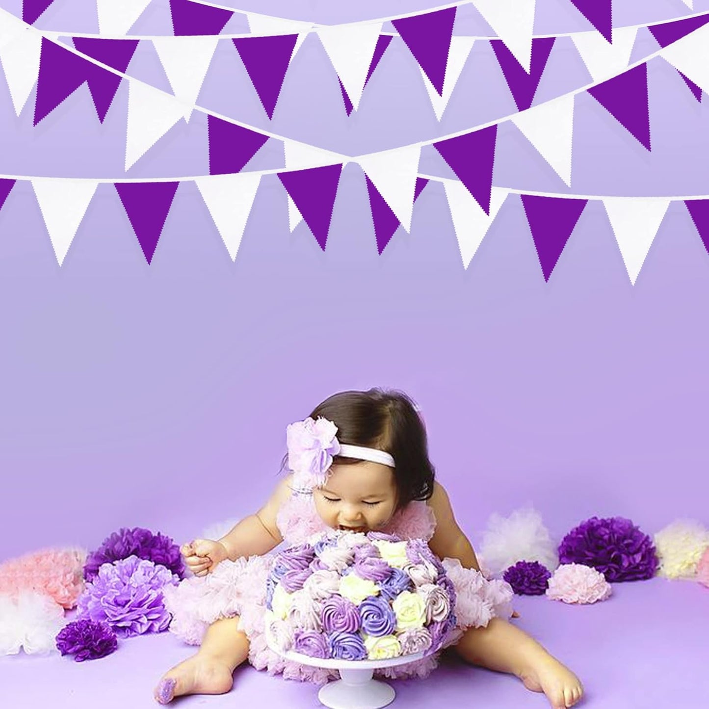 32Ft Purple and White Pennant Banner Fabric Triangle Flag Cotton Cloth Bunting Garland Kit for Wedding Birthday Lavender Party Home Nursery Outdoor Garden Hanging Festivals Decoration