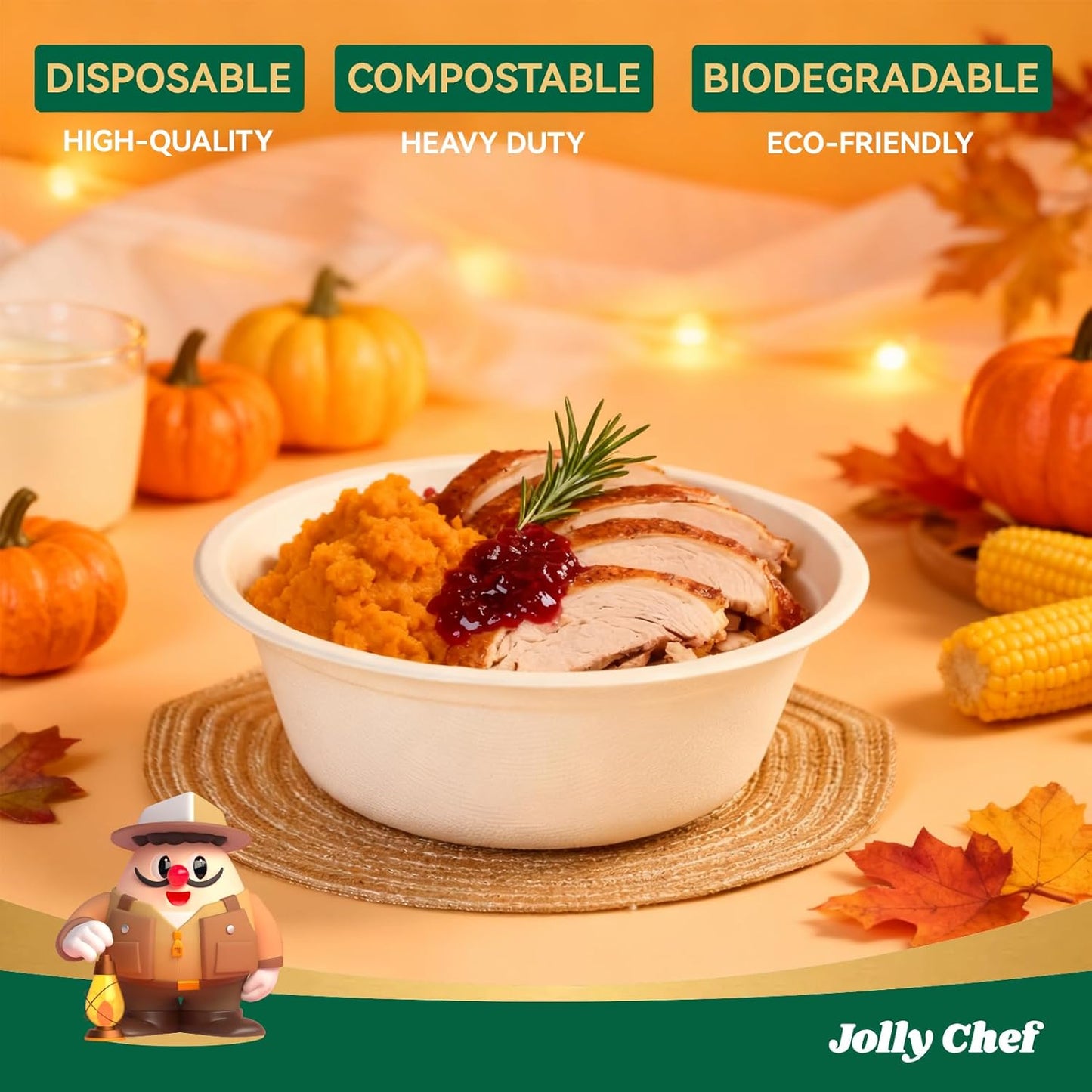 JOLLY CHEF Compostable Disposable Paper Bowl [16 oz] Heavy Duty Soup Containers [150 Pack] Biodegradable Bagasse Hot Cold Food Eco-Friendly Sugarcane Microwavable Bowls for Salad Dessert Milk Cereals