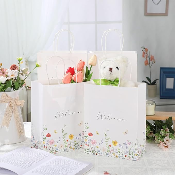 Sweetude 50 Pieces Wildflower Welcome Bags for Wedding Guests Gift Paper Bridal Baby Shower Favor Wedding Welcome Bags with Handles Wildflower for Retail Party Shopping