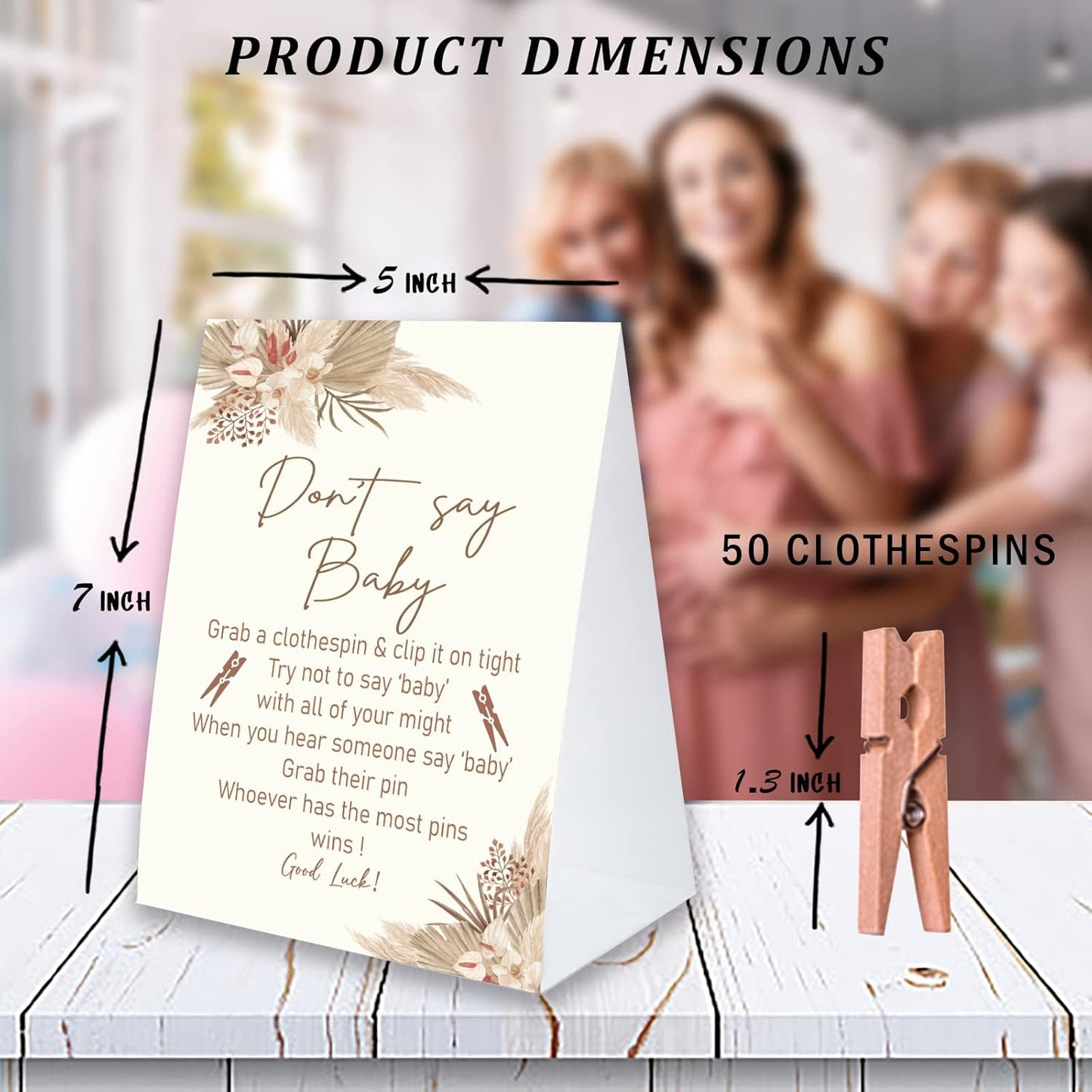 Don't Say Baby Game for Baby Shower Clothespin Game, One 5x7 Coated Paper Sign and 50 Natural Clothespins, Boho Baby Shower, Watercolor Bohemian with Feathers Theme, Gender Neutral -NDSBB44