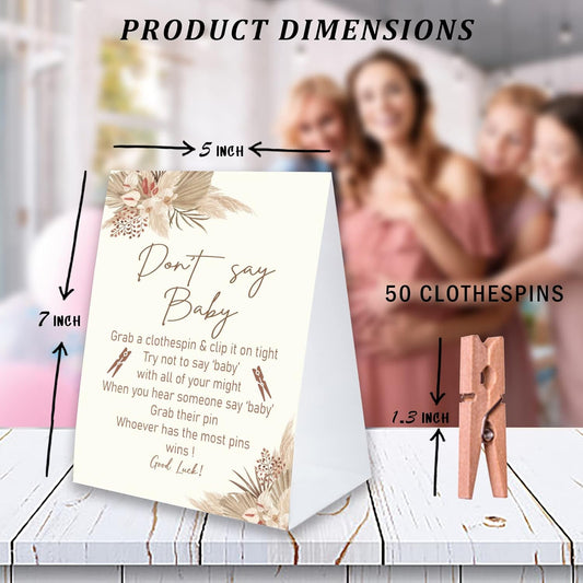 Don't Say Baby Game for Baby Shower Clothespin Game, One 5x7 Coated Paper Sign and 50 Natural Clothespins, Boho Baby Shower, Watercolor Bohemian with Feathers Theme, Gender Neutral -NDSBB44