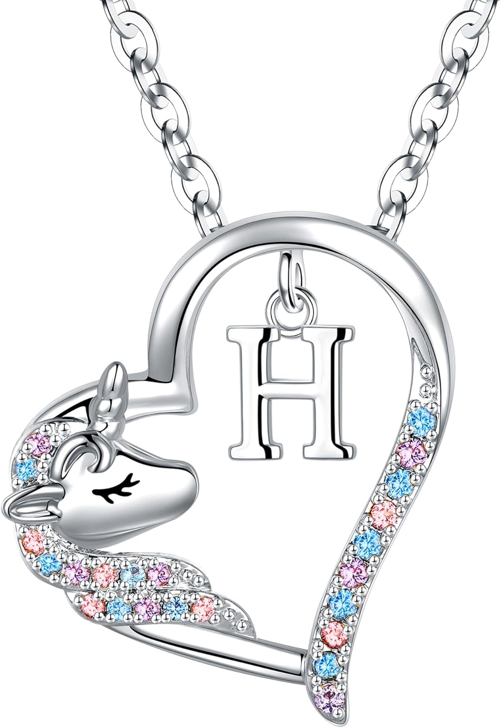 Anoup Unicorn Gifts for Girls Necklace - Colorful CZ Heart Pendant A-Z Initial Necklaces Cute Unicorns Jewelry Birthday Gift for Girl