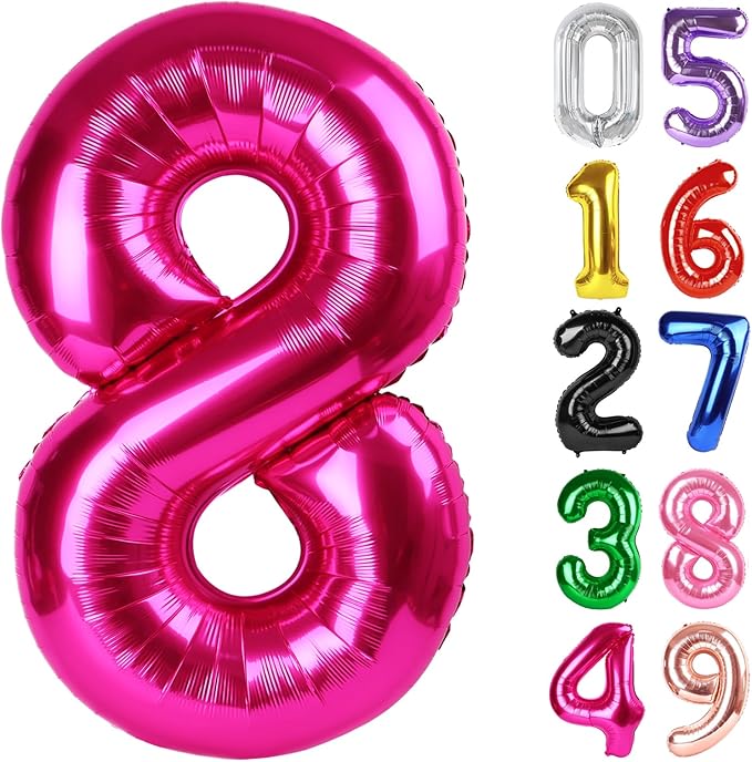 Hot Pink Number 8 Balloon 40 Inch, 8th Birthday Party Decorations for Children, Giant 8 Foil Balloon for Party Supplies