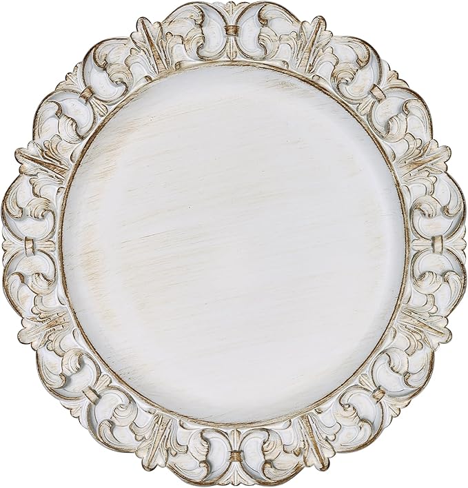 Gifturbo Antique White Charger Plates, 13" Round Chargers for Dinner Plates, Plastic Floral Plate Chargers with Embossed Rims for Wedding,Table Setting,Decoration,Set of 6