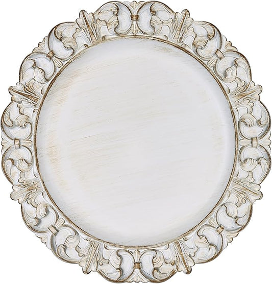 Gifturbo Antique White Charger Plates, 13" Round Chargers for Dinner Plates, Plastic Floral Plate Chargers with Embossed Rims for Wedding,Table Setting,Decoration,Set of 6