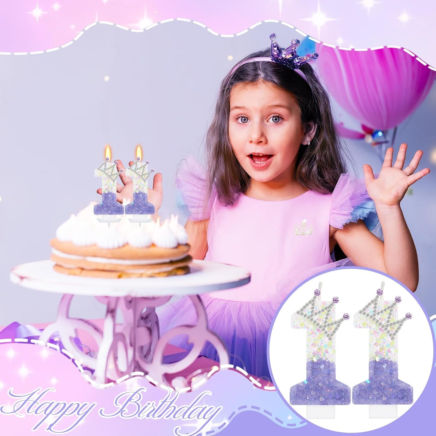 Purple White Number 11 Candle, Glitter Crown Cake Topper, Princess Birthday Party Decorations for Girls and Women Anniversary Celebrations Party Favors