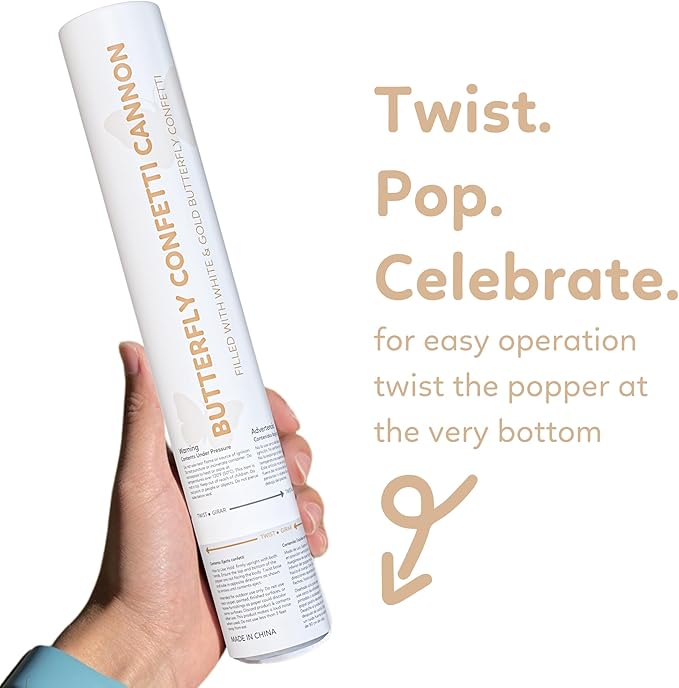White and Gold Butterfly Confetti Cannon | 6 Pack | Party Poppers Decoration for Wedding, Graduation, Birthday | Wedding Supplies Party Favors | 12 inch | TUR Party Supplies