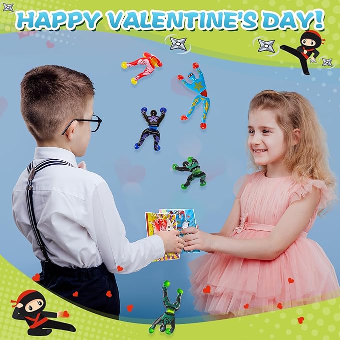 32Pack Sticky Wall Climbing Men Ninja Toy Set, Valentines Day Gifts Cards for Kids Students Classroom Exchange Prize, Valentine's Party Favors for Boys Girls, Valentine's Greeting Cards