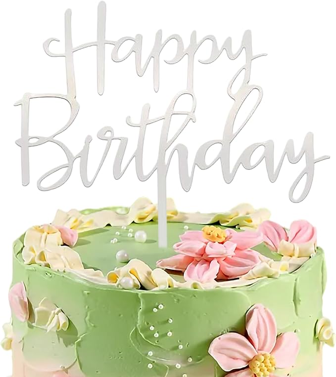 Happy Birthday Cake Topper, Mirrored Acrylic Cake Decoration Personalized Cake Toppers for Various Birthday Party Cake Decoration Supplies - Silver
