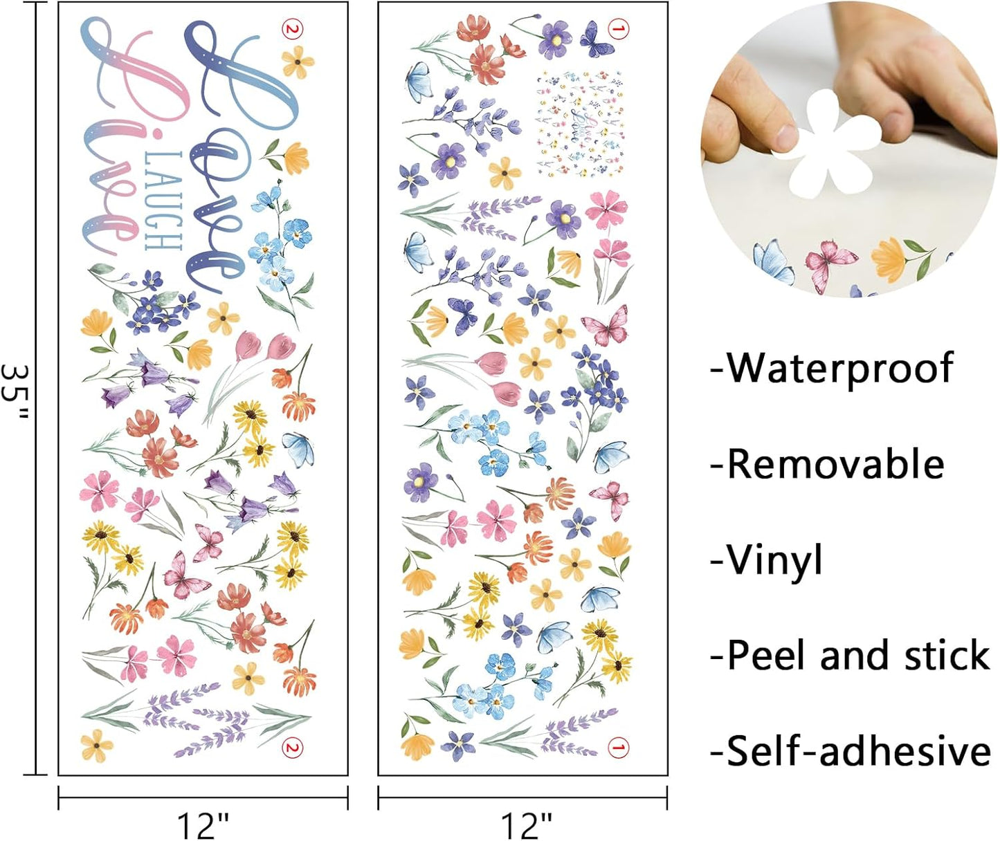 Mfault Watercolor Wildflower Floral Wall Decals Stickers, Live Laugh Love Flowers Butterfly Decorations Bedroom Art, Spring Summer Botanical Seasonal Home Living Room Kitchen Decor