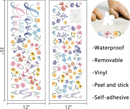 Mfault Watercolor Wildflower Floral Wall Decals Stickers, Live Laugh Love Flowers Butterfly Decorations Bedroom Art, Spring Summer Botanical Seasonal Home Living Room Kitchen Decor