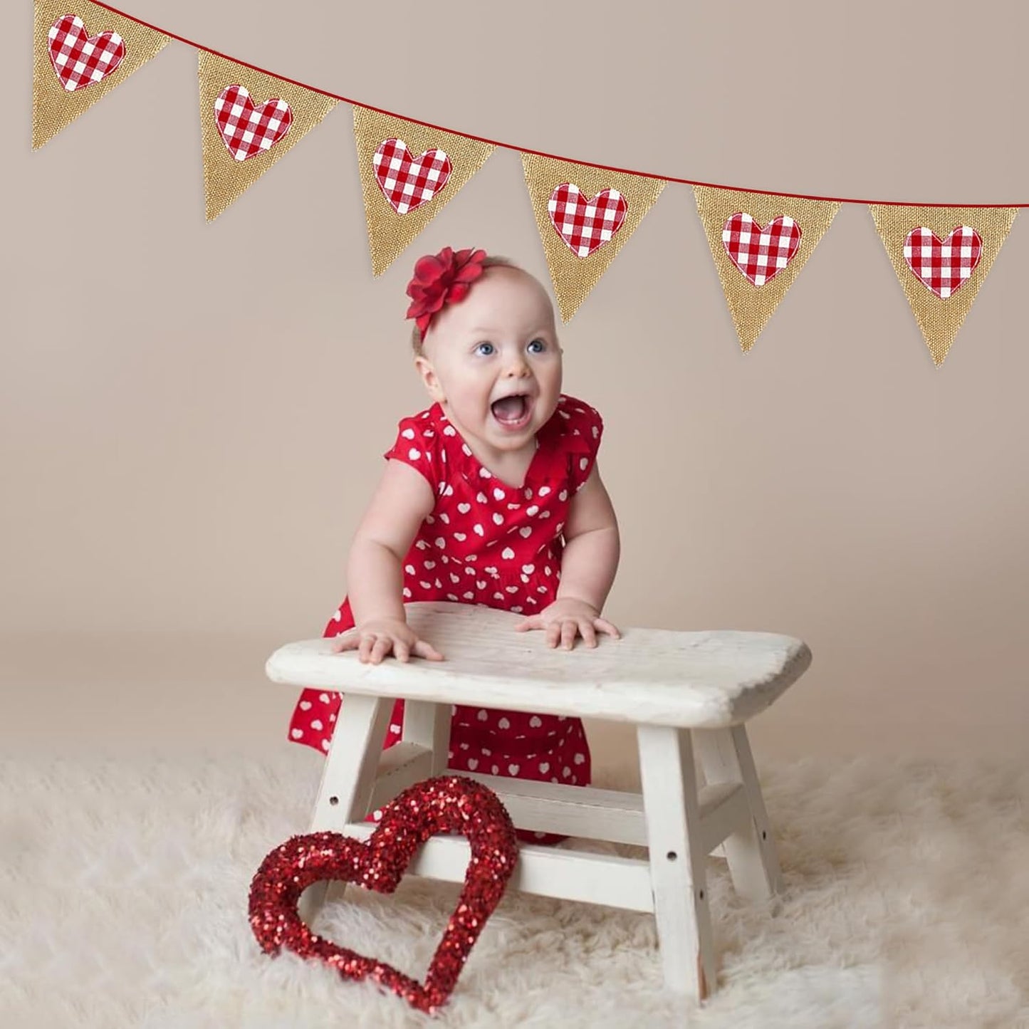 24Ft Valentine's Day Burlap Banner Red Heart Burlap Pennant Triangle Flag Garland Streamers Vintage Fireplace Wall Hanging for Valentines Wedding Birthday Anniversary Engagement Party Decorations