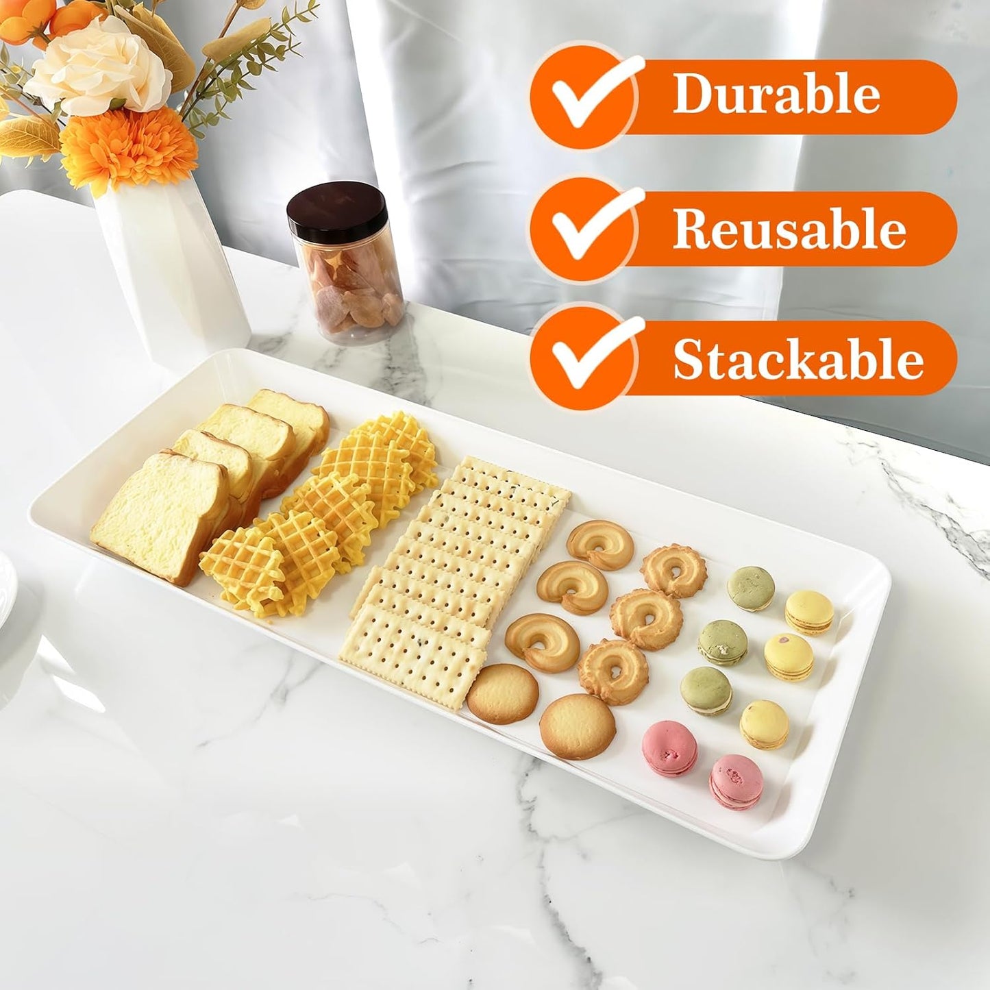 Serving Tray Platter Rectangle, 4 Pcs Long Narrow Food Tray for Veggie Fruit Snack Dessert, Plastic White Food Trays for Party Supplies Display, Rectangular Platters for Serving Food, BPA Free