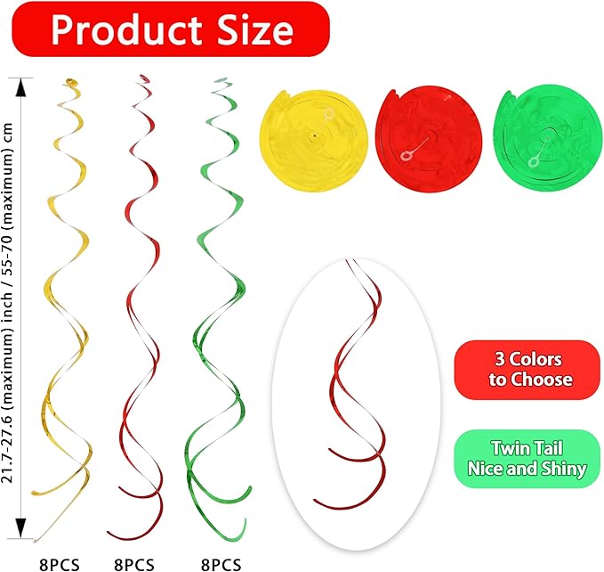 BEISHIDA Red Green Gold Hanging Swirls Party Decorations Plastic Streamer for Christmas Hanging Ornament Decorations, Christmas Wedding Graduation Party Supplies, Pack of 24