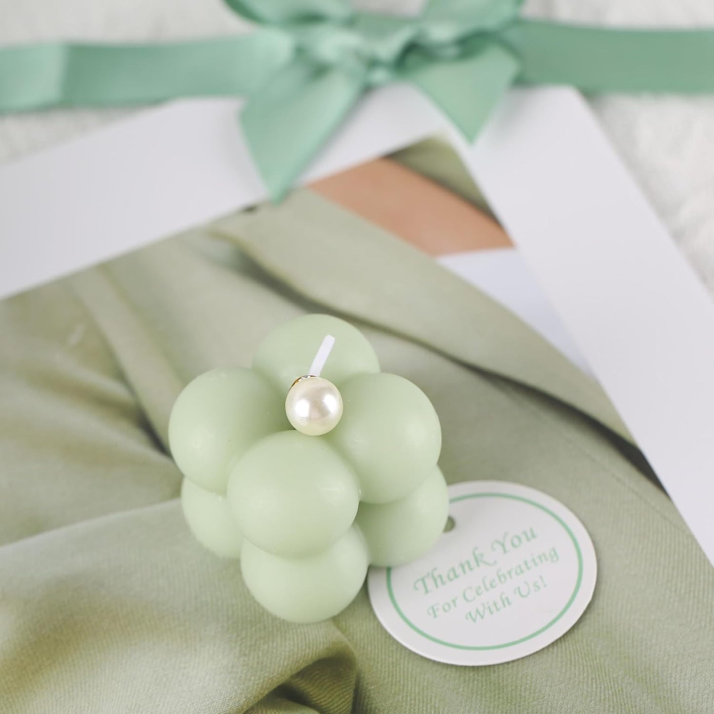 ACITHGL 30 Sets Fully Assembled Small Bubble Candle Party Favors for Guests Bulk Bridal Showers Favors Candles with Stylish Ribbons Thank You Cards Gifts (Green)