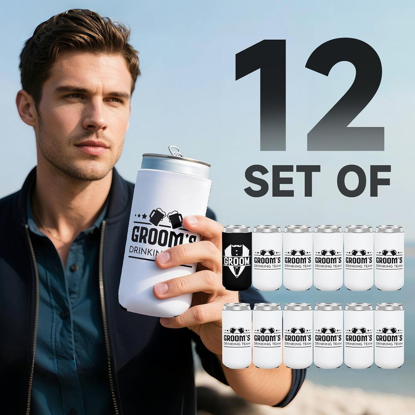 12 Pack Bachelor Party Can Coolers with Groom Squad Design, Insulated Neoprene Beer Sleeves for Men, Black & White Reusable Drink Holders Groomsmen Gifts