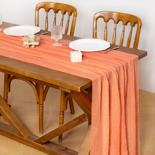 Socomi 3pcs Peach Orange Fall Thanksgiving Gauze Cheesecloth Table Runner 120 Inch Rustic Boho Cheese Cloth Runner for Wedding Party Baby Bridal Shower Centerpiece Decoration Holiday Home Decorations
