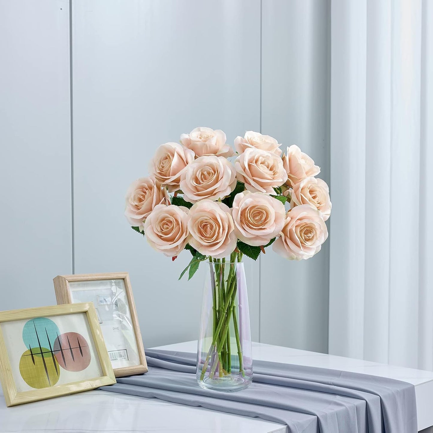 12Pcs Blush Pink Rose Artificial Flowers Faux Roses Silk Rose Fake Flowers Rose with Long Stems for DIY Wedding Bouquets Centerpieces Baby Shower Party Home Decorations (Blush Pink)