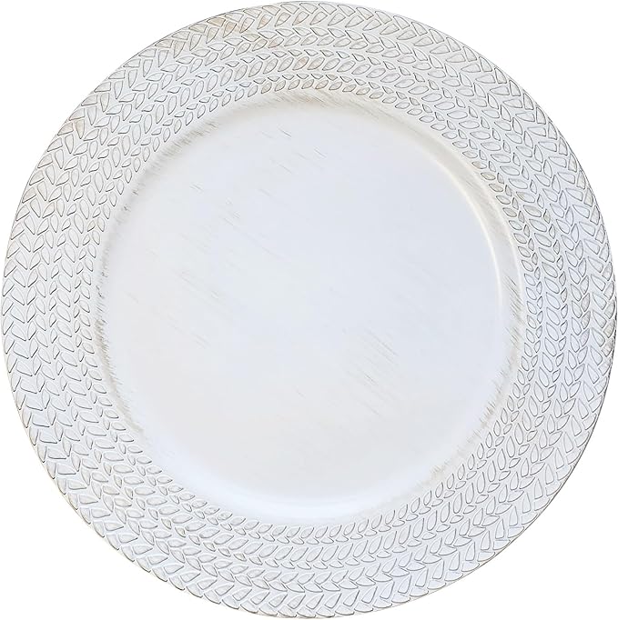 13" Antique White Leaf Trim Round Charger Plates for Dinner, Table Chargers Plates Bulk, 6Pcs