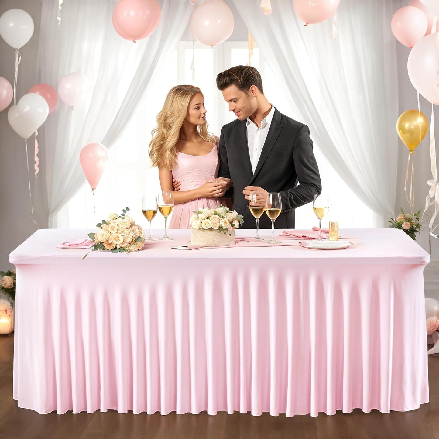 PARTISKY Pink Spandex Tablecloth for 8ft Rectangle Tables, Stretchable Table Cover Skirt for Folding Tables Weddings Parties Banquets Events Trade Shows and Dessert Table