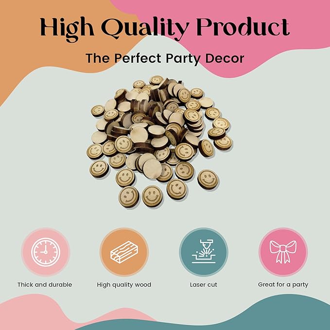 Confetti - Engraved Wood - Rustic Wooden Wedding Decor Party Table Scatter Decorations (Smiley Face)