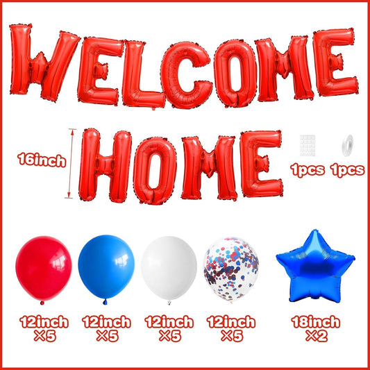 Red Blue Welcome Home Foil Balloon Banner with Confetti Balloons, Blue Star Balloons for Patriotic Welcome Home Army Returning Party Supplies