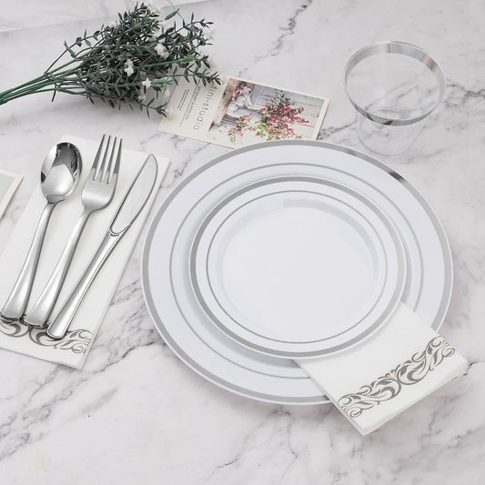 BESTVIP 350 PCS Silver Dinnerware Set for 50 Guests, Plastic Dinnerware Set for Party, Wedding, Christmas, Halloween, Include: 100 Plastic Plates, 50 Silver Silverware, 50 Cups, 50 Paper Napkins