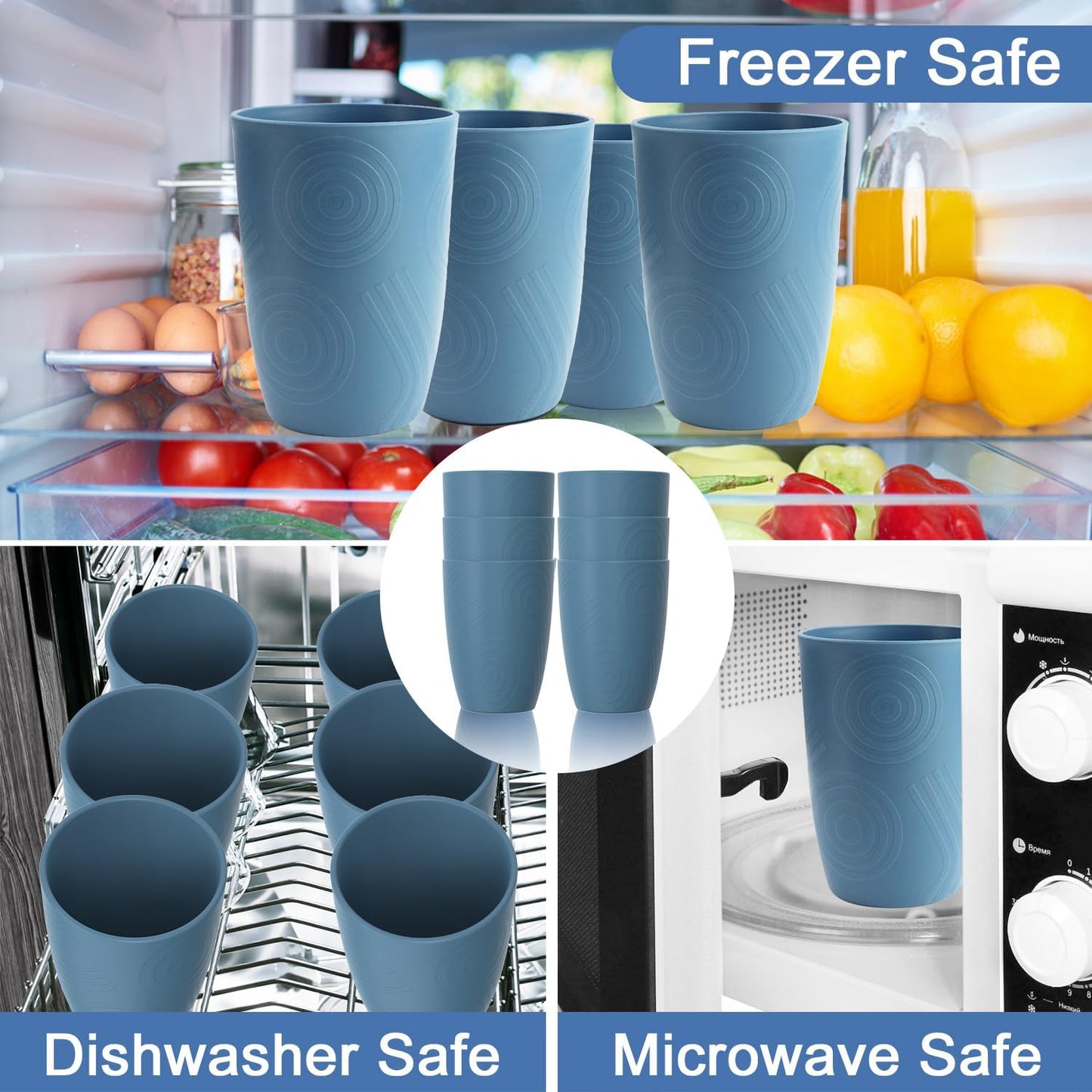 Drinking Glasses Wheat Straw Cups Alternative to Plastic Cups 16 OZ - Unbreakable Cup Set of 6 Reusable Drinking Cup Plastic Glasses Tumbler Dishwasher Safe Cups for Kitchen - Blue